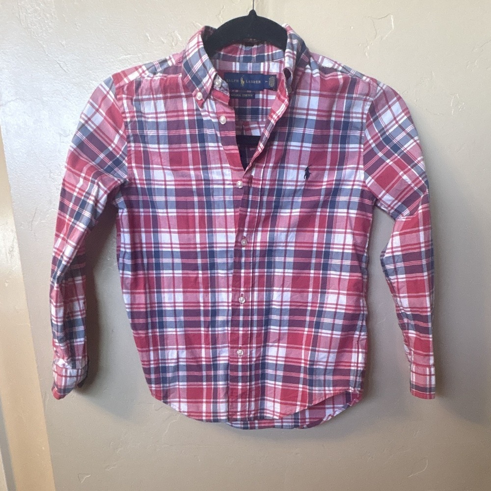 Ralph Lauren Boys Plaid Stretch Button-Up Shirt, Size 7, Long Sleeve Pink/Blue
